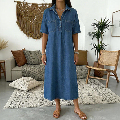 👗Casual Pocket Denim Midi Shirt Dress – Soft denim & relaxed fit – Functional pockets, perfect for everyday casual – comfortable and versatile ✨🌸