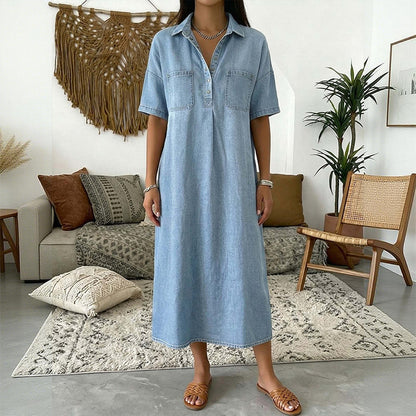 👗Casual Pocket Denim Midi Shirt Dress – Soft denim & relaxed fit – Functional pockets, perfect for everyday casual – comfortable and versatile ✨🌸