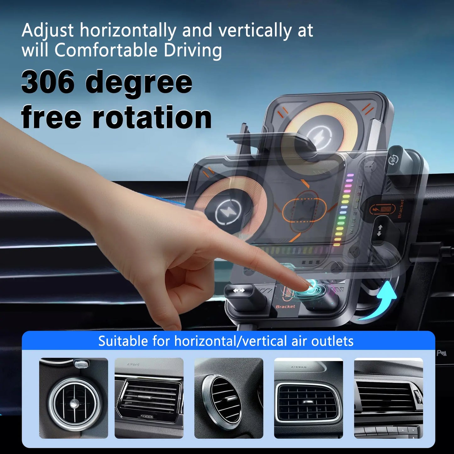 2026 new cool car wireless fast charging holder, intelligent sensor opening and closing, universal mobile phone navigation holder, 90-degree rotation, horizontal and vertical screen use, built-in ambient light, intelligent high-end navigation holder