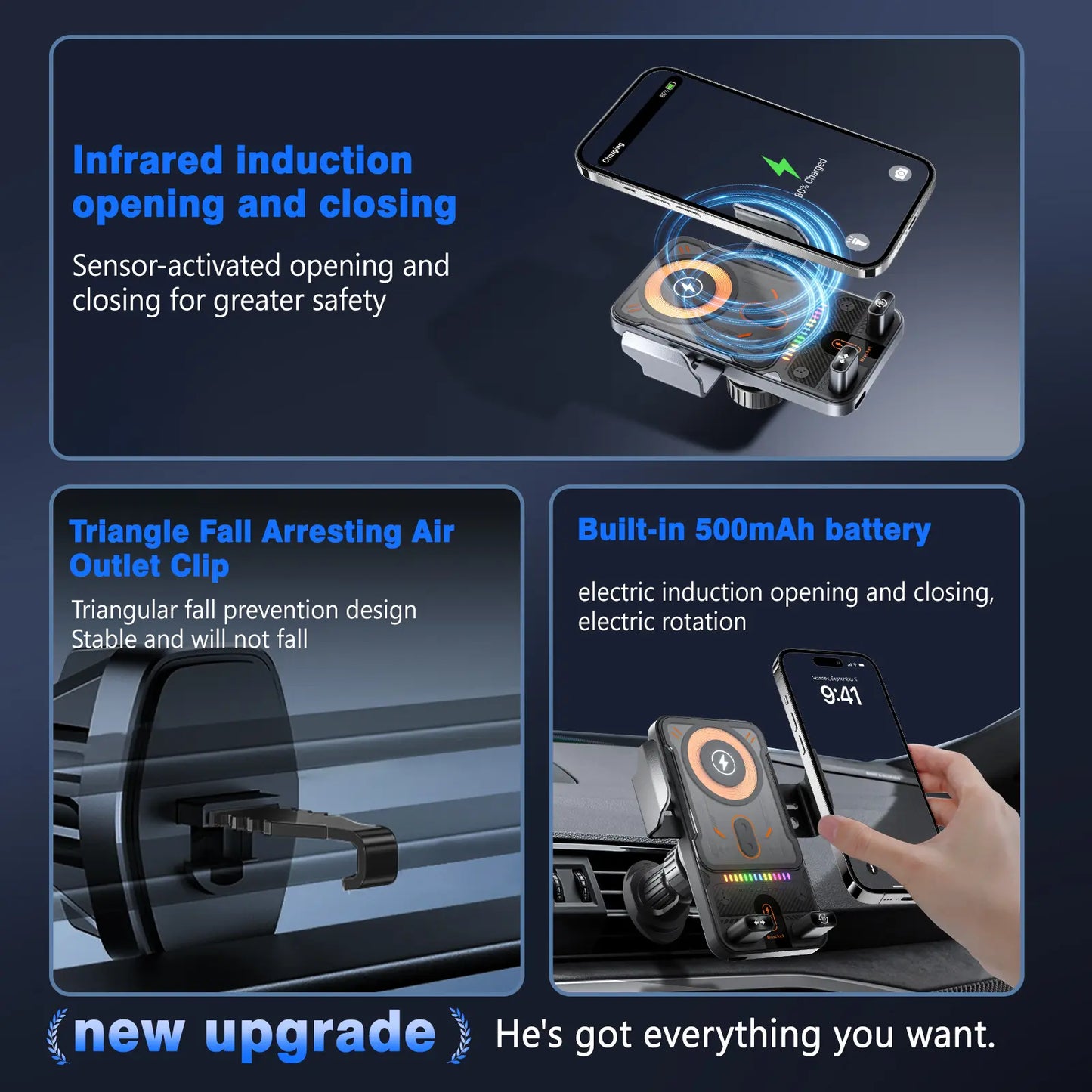 2026 new cool car wireless fast charging holder, intelligent sensor opening and closing, universal mobile phone navigation holder, 90-degree rotation, horizontal and vertical screen use, built-in ambient light, intelligent high-end navigation holder